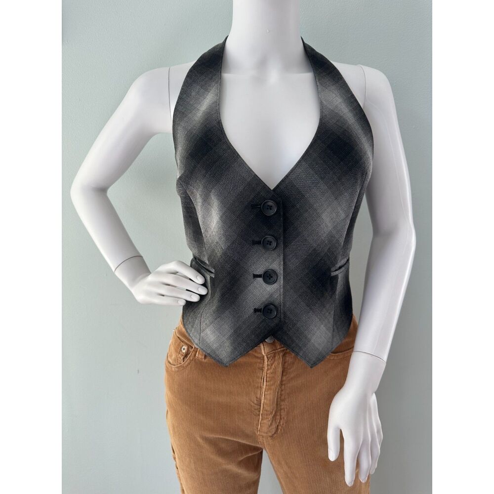 Banana Republic Black & Grey Plaid Halter Vest size 10 Y2k Style